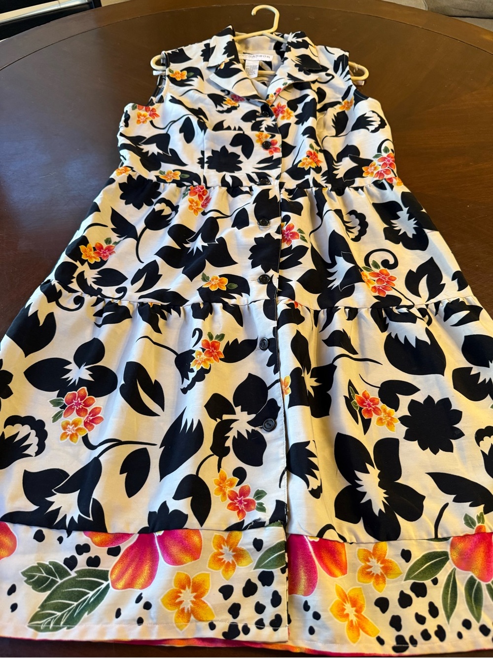 Sag Harbor White Midi Dress with Black Floral Print and Pink-Orange Accents